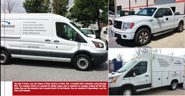 The fleet of trucks, vans and sedans at Power Services in Bowie, Md., is installed with a telematics system through WEX.